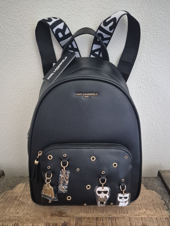 Karl Lagerfeld Handbags - Karl Lagerfeld Paris Black  Backpack with Logo Straps and Charm Accents